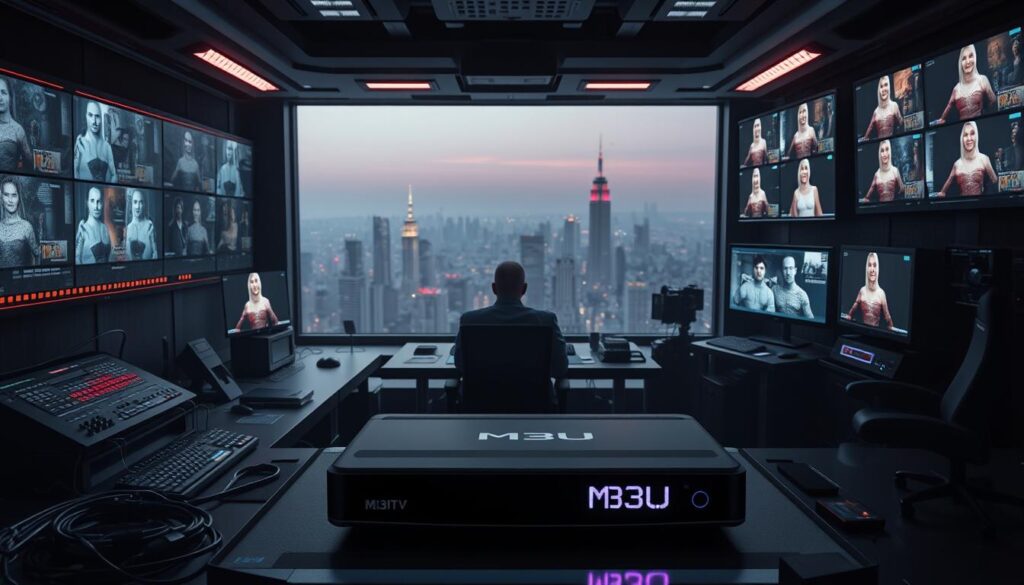 A dimly lit, futuristic IPTV control room. In the foreground, a sleek, metallic IPTV set-top box with a prominent "M3U" logo. Surrounding it, various cables, wires, and digital displays showcasing live adult video streams. In the middle ground, a shadowy figure sitting at a desk, intently monitoring the IPTV system. The background is a hazy, neon-tinged cityscape, with skyscrapers and a vast, sprawling urban landscape. The overall atmosphere is one of technological sophistication, with a slight air of mystery and intrigue.