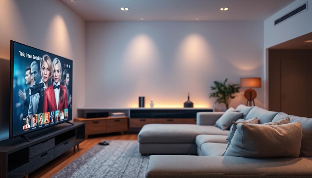 A serene, well-lit interior scene showcasing a modern living room setup. In the foreground, a sleek, high-end television displays a crisp, vibrant IPTV interface, conveying a sense of reliability and premium quality. The middle ground features a comfortable, minimalist couch in neutral tones, inviting the viewer to relax and enjoy the entertainment. The background subtly depicts a calming, ambient lighting scheme, creating a warm and inviting atmosphere. The overall composition emphasizes the importance of a seamless, dependable IPTV experience in the context of adult entertainment.