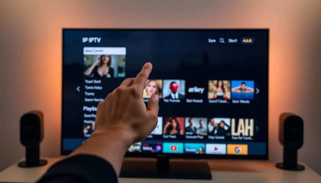A sleek, modern IPTV interface with a curated adult content playlist prominently displayed. The screen is crisp and high-resolution, with a clean, minimalist design. The user's hand hovers over the touchscreen, selecting a specific adult channel from the neatly organized grid layout. Soft, indirect lighting creates a subtle, ambient glow, while the background features a subtle, blurred cityscape - suggesting an urban, metropolitan setting. The overall tone is one of sophistication, discretion, and technological prowess, conveying a premium, high-quality IPTV experience for the discerning adult viewer.