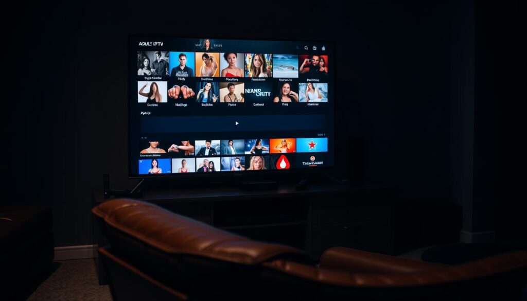A dimly lit room with a large flat-screen TV displaying an array of adult content channels. The TV is surrounded by a stylish entertainment center with various streaming devices and remote controls. In the foreground, a comfortable leather armchair invites the viewer to sit and immerse themselves in the world of adult IPTV. Soft, warm lighting creates a cozy and intimate atmosphere, while the background is subtly blurred, keeping the focus on the central elements. The composition suggests a sense of privacy and indulgence, setting the stage for an engaging exploration of the adult IPTV experience.