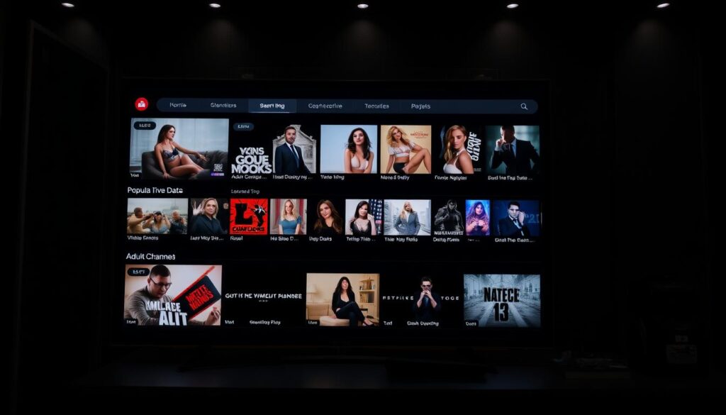 A modern, sleek adult IPTV streaming platform with a minimalist interface and high-quality video playback. The screen displays a selection of popular adult channels and movies, set against a dark, moody backdrop with subtle lighting. The layout is clean and intuitive, with well-organized categories and search functionality. The overall atmosphere conveys a sense of discreet, high-end entertainment catered to a discerning audience. The camera angle is slightly elevated, giving a comprehensive view of the platform's features and design.