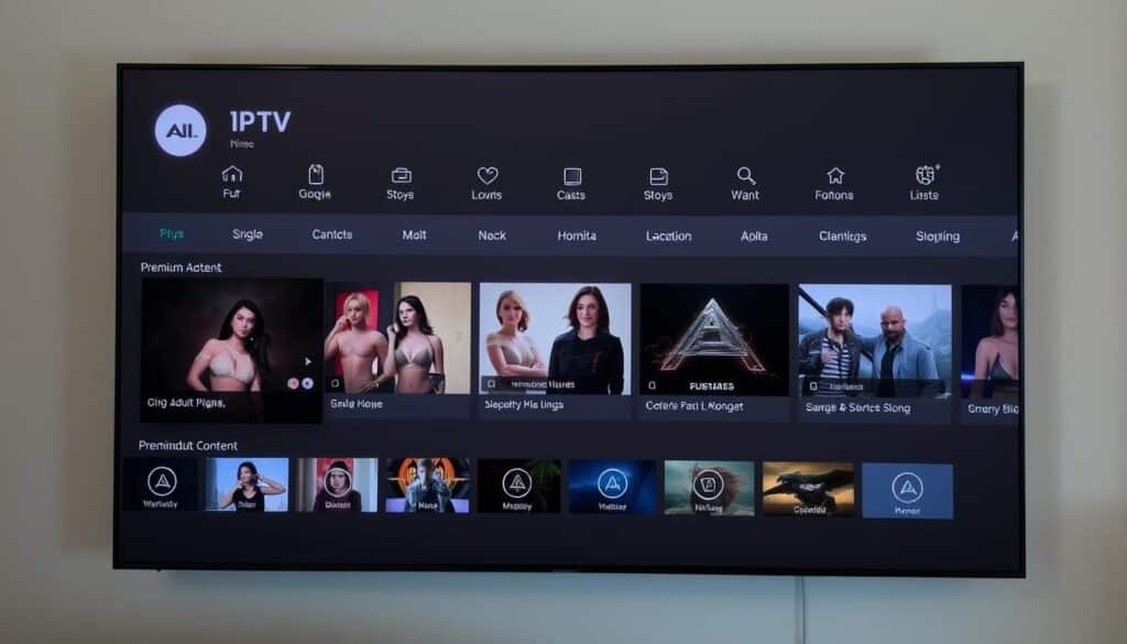 A sophisticated and visually appealing IPTV user interface, featuring a clean and modern design with sleek icons and intuitive navigation. The foreground showcases a selection of premium adult content channels, each with a clear and enticing thumbnail. The middle ground presents a well-organized grid layout, allowing users to easily browse and select their desired content. The background is a subtle, muted tone that complements the overall aesthetic, creating a sense of professionalism and quality. The lighting is soft and diffused, creating a warm and inviting atmosphere. The camera angle is slightly elevated, providing a comprehensive view of the user experience.