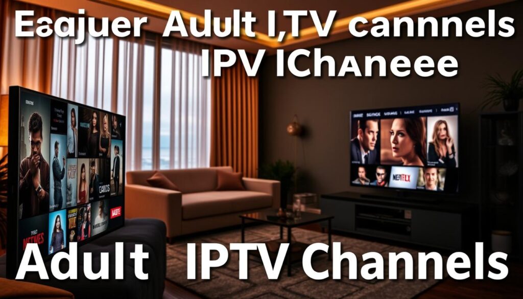 A visually captivating image showcasing the allure of adult IPTV channels. In the foreground, an eye-catching display of various entertainment options, including movies, series, and live channels, all presented with a sleek and modern aesthetic. The middle ground features a cozy living room setting, complete with a comfortable sofa and a state-of-the-art entertainment system, hinting at the immersive viewing experience. In the background, a soft, warm lighting creates an inviting and relaxing atmosphere, setting the tone for a night of endless entertainment. The composition is balanced, with a focus on the key benefits of exploring adult IPTV channels, conveying a sense of excitement, convenience, and personal enjoyment.